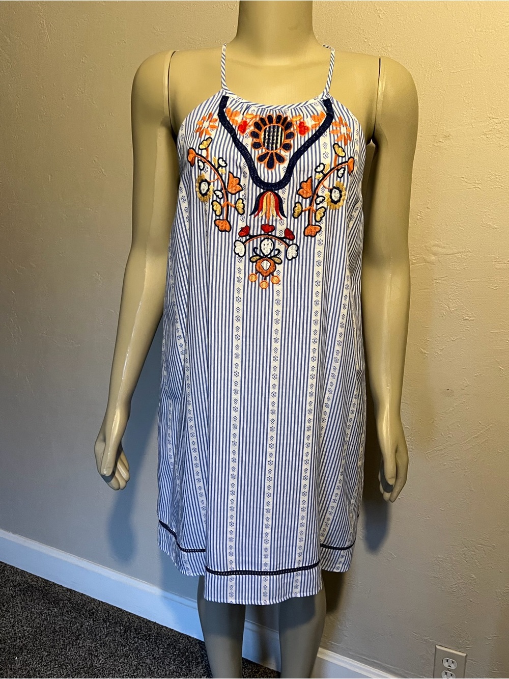 THML Striped Embroidered Spaghetti Strap Halter Sundress